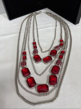 Layered Silver like  Necklace with Red Gem Accents